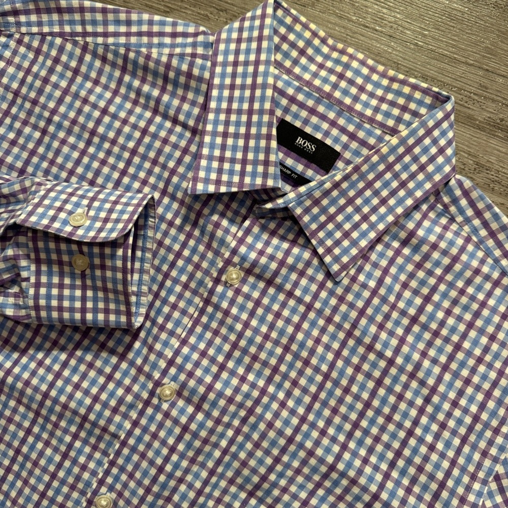 Hugo Boss Shirt Mens 16 32/33 Purple Blue Gingham Cotton Sharp Fit Dress Shirt